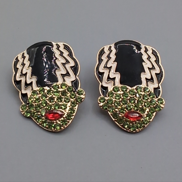 NWOT Bride of Frankenstein Earrings With Frankenstein Brooch Metallic Bejeweled - Picture 5 of 13